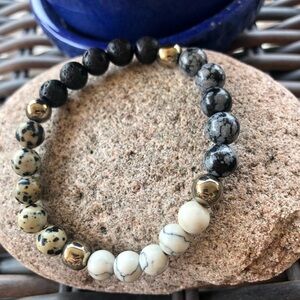 Snowflake obsidian, hematite, lava, howlite, dalmation jasper stretchy bracelet